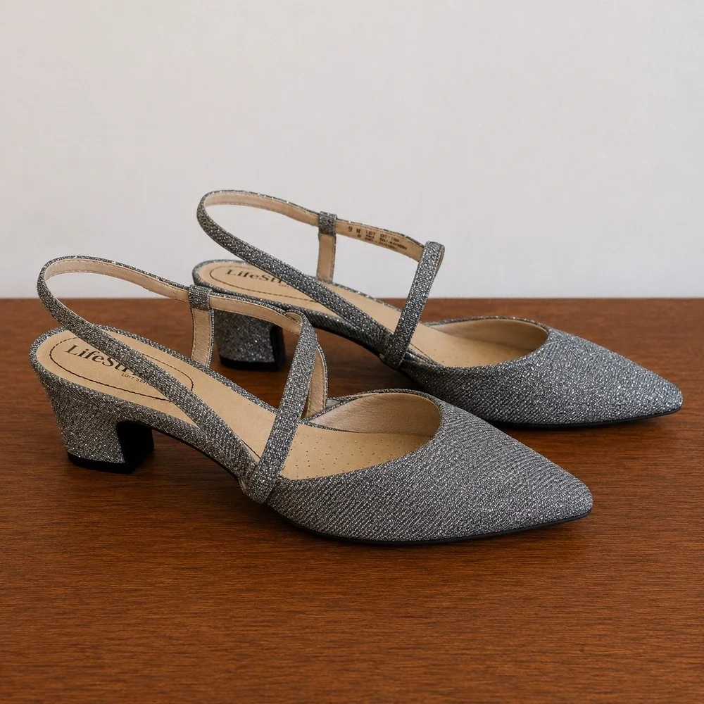 LifeStride Silver Glitter Slingback Block Heel Pointed Toe Shoes 9W Minimalist